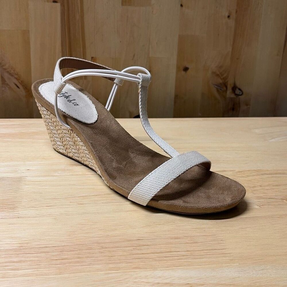 STYLE & Co Women’s White Mulan Round-Toe T-Strap Slingback Wedge Sandals SZ 11M - Picture 2 of 9